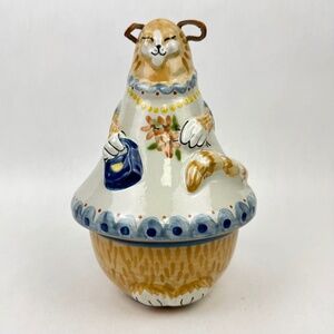 RARE Vintage Louisville Stoneware Cat Bell Covered Bowl Set Leather Ears USA